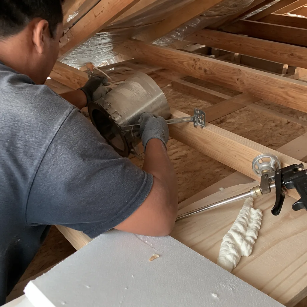 Technician performing attic air sealing around a recessed light fixture nationwide