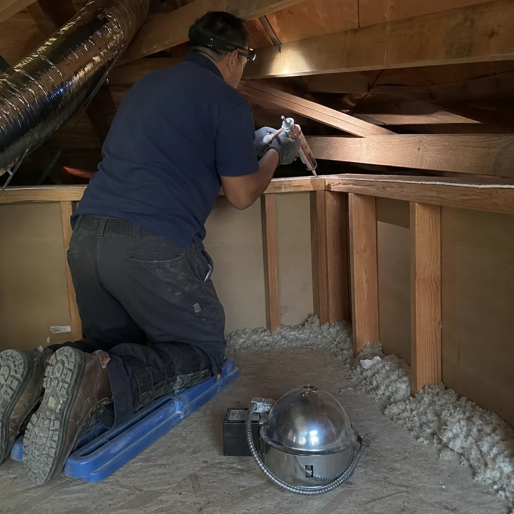 Technician performing professional attic air sealing with caulk to improve home insulation nationwide