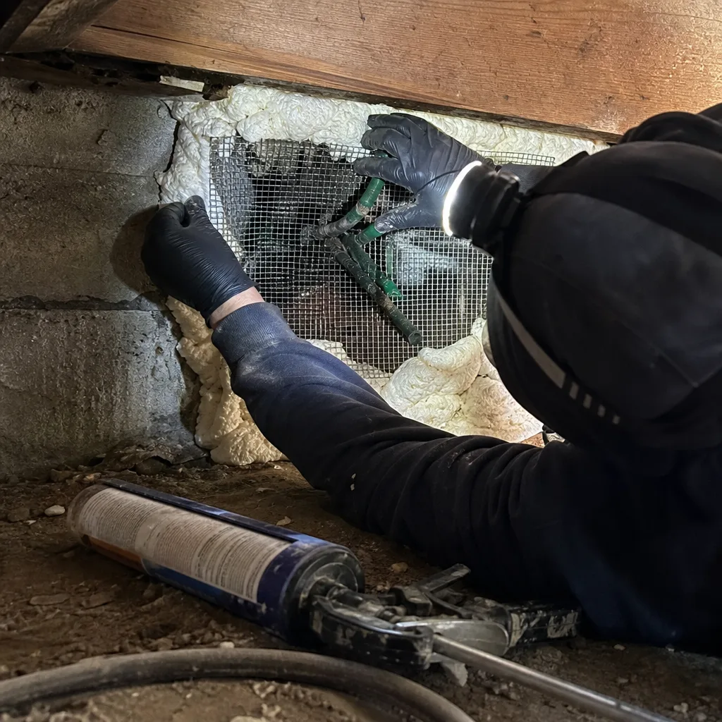 Technician performing professional rodent proofing and attic insulation sealing nationwide
