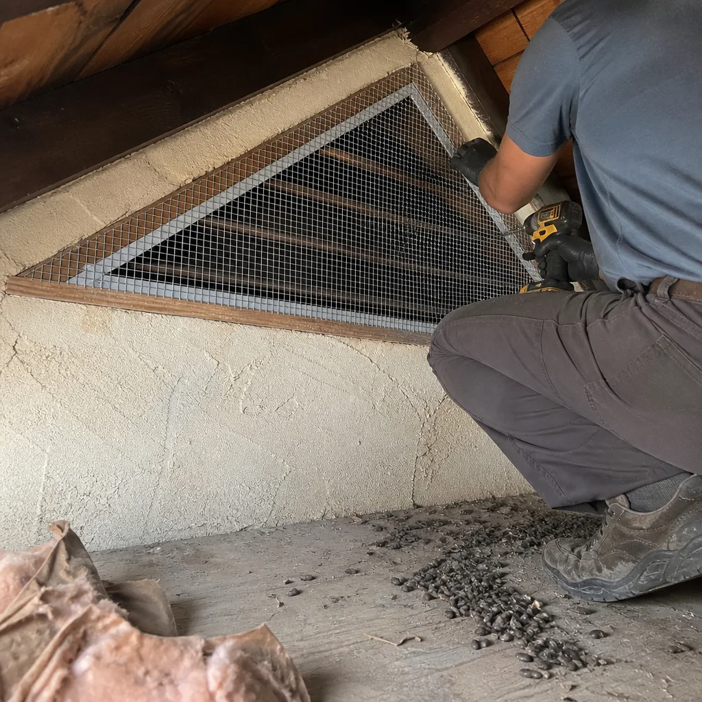 Technician installing protective wire mesh on attic vent for rodent proofing nationwide