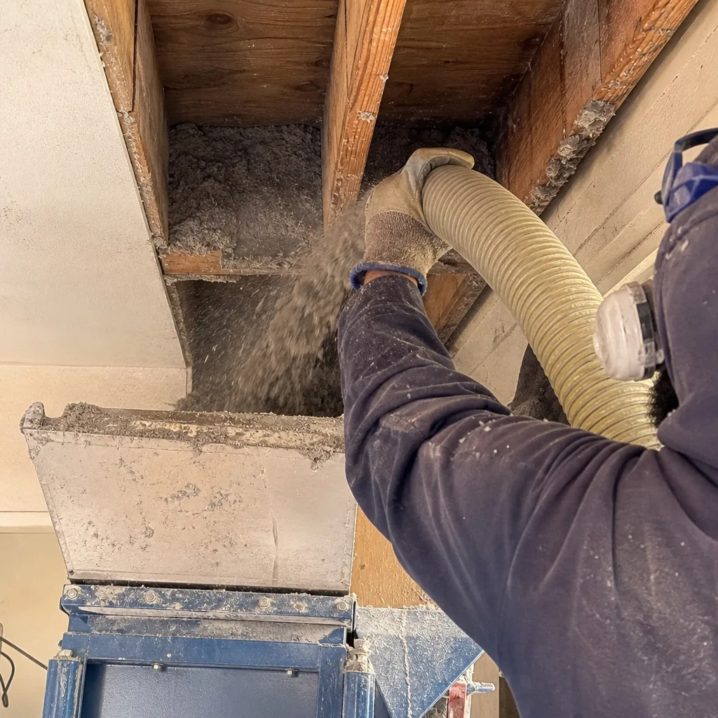 Contractor installing blown-in cellulose insulation between residential ceiling joists