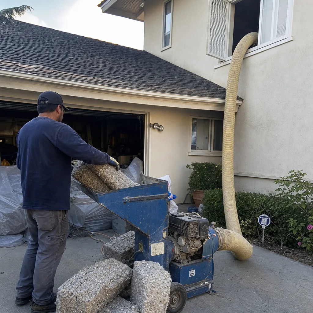 Contractor using a professional blower machine for residential blown-in insulation installation