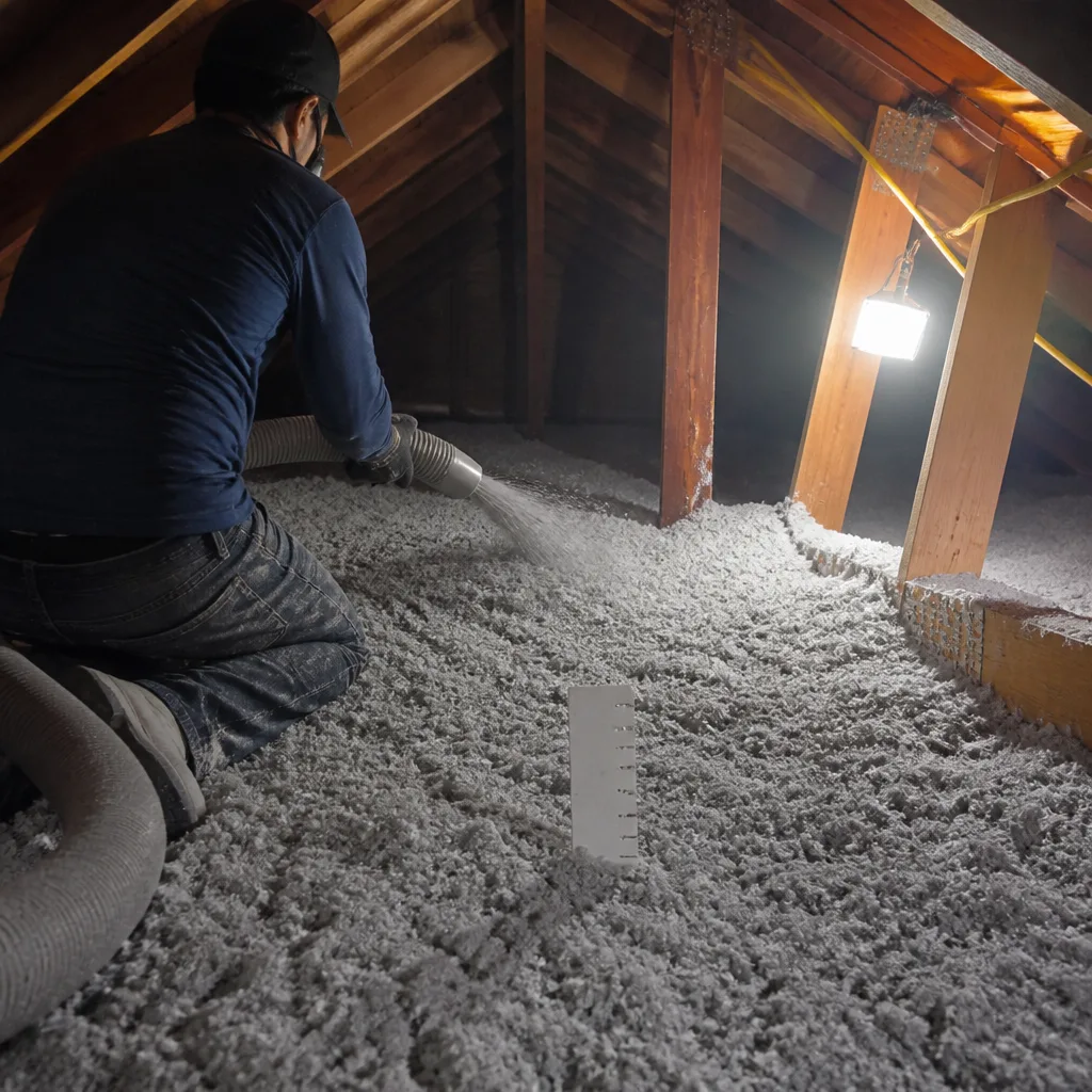 Technician performing professional blown-in insulation service in an attic.