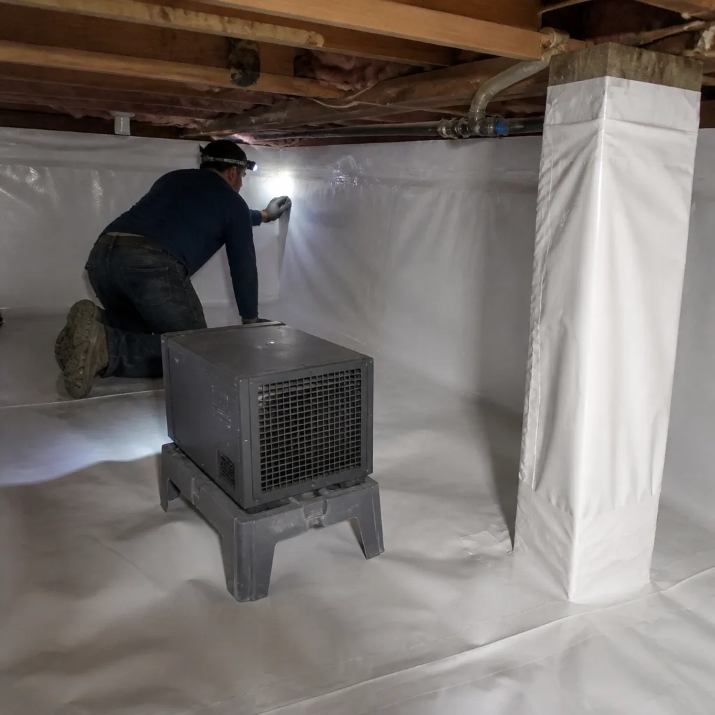 Technician installing professional crawl space encapsulation and white vapor barrier nationwide