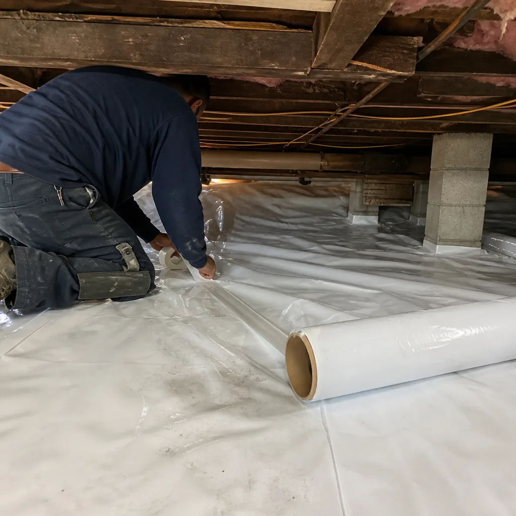 Professional contractor installing white vapor barrier for crawl space encapsulation nationwide
