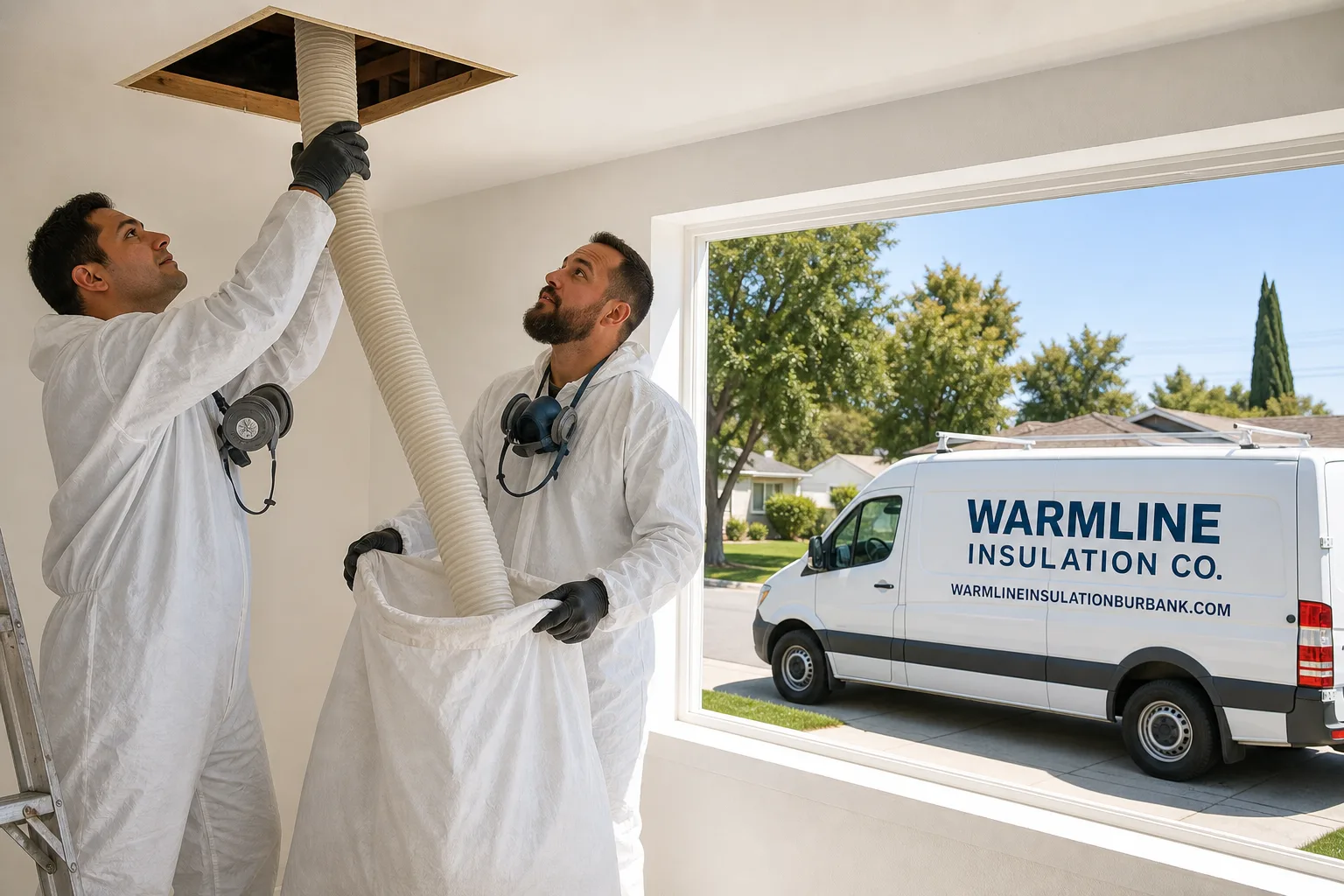 Warmline Insulation Co. insulation service vehicle and crew in Burbank, CA