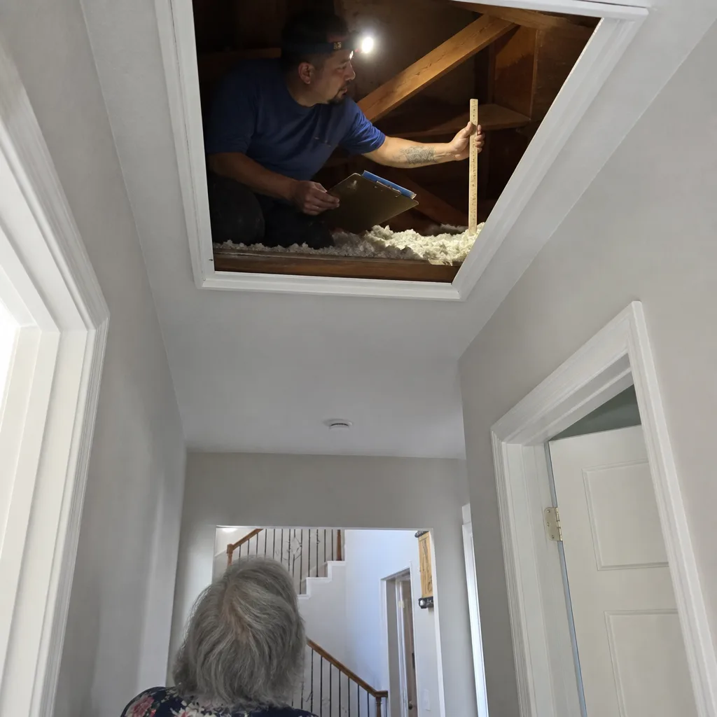 Professional technician measuring attic insulation during a home energy audit nationwide