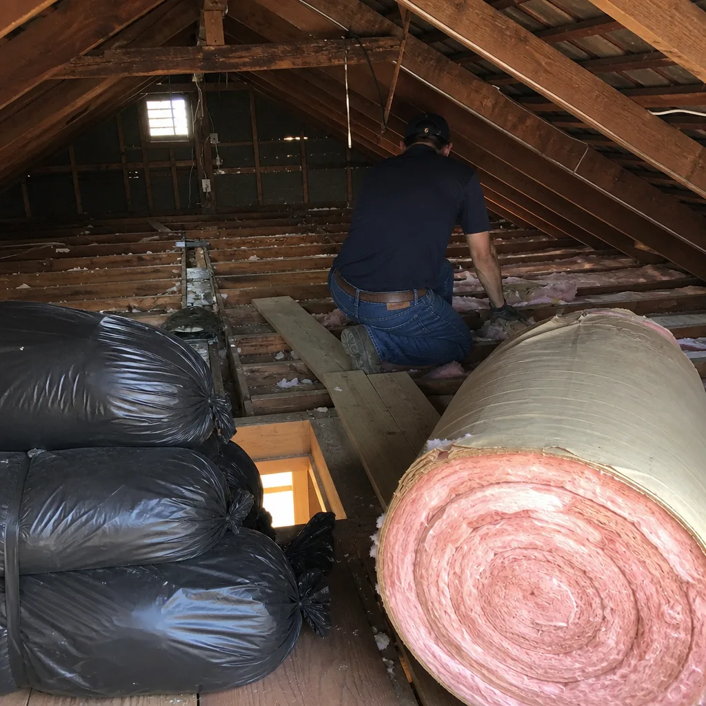 Contractor performing professional attic insulation removal and replacement service nationwide