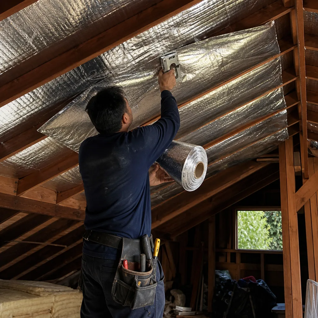 Worker installing radiant barrier foil insulation in an attic attic rafters nationwide