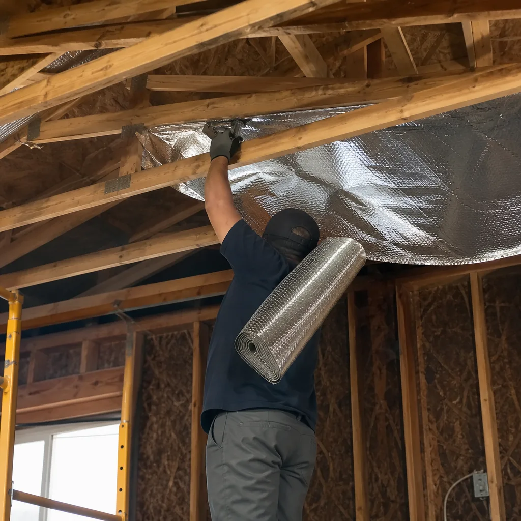 Professional contractor installing silver radiant barrier insulation in an attic rafters nationwide