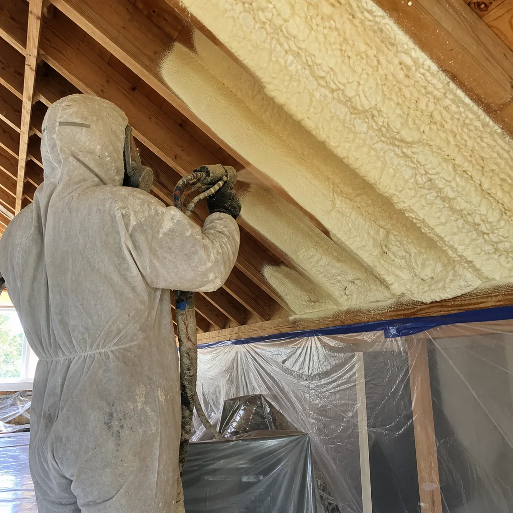 Contractor applying spray foam insulation to residential ceiling joists