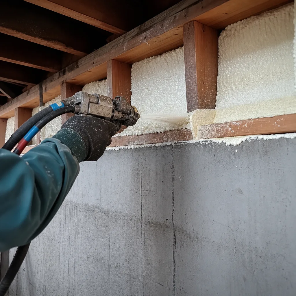 Professional applying spray foam insulation to rim joists in a basement.