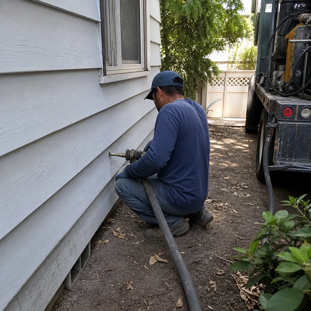 Technician injecting professional wall insulation into a residential home exterior nationwide